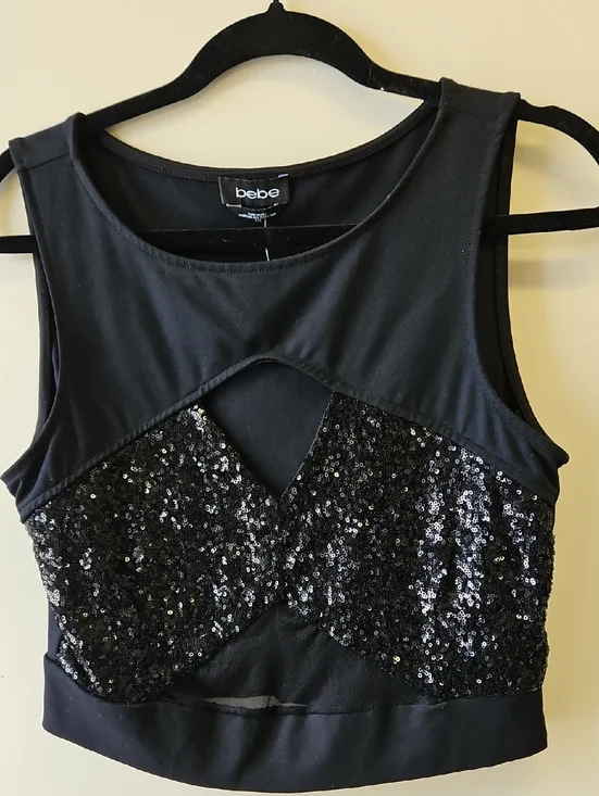 bebe Black Sequin Sleeveless Crop Top with Keyhole Sz Large - Picture 1 of 6